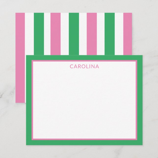 Preppy-ränder Söt rosa & grön + brevpapper Anteckningskort (Fram/baksida)