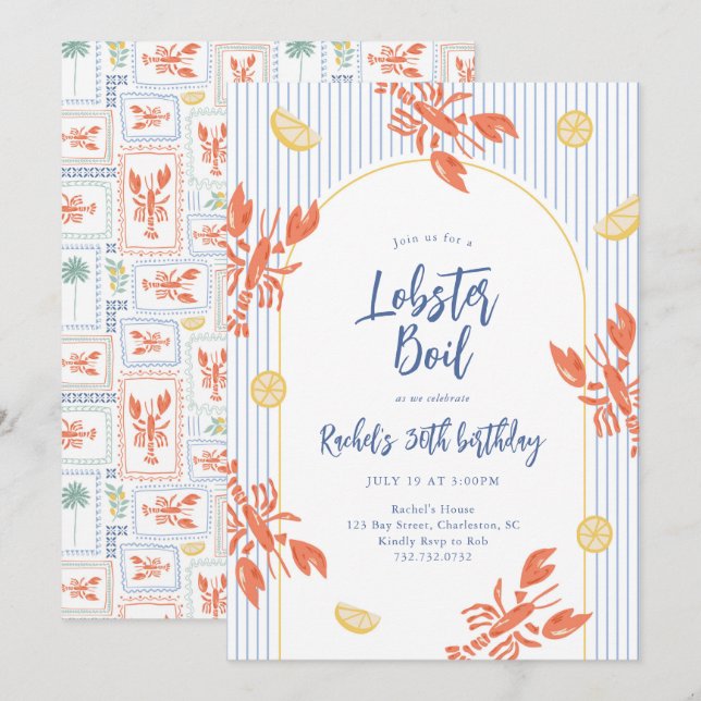 Preppy-randiga kräftskiva - Seafoodfest  Inbjudningar (Fram/baksida)