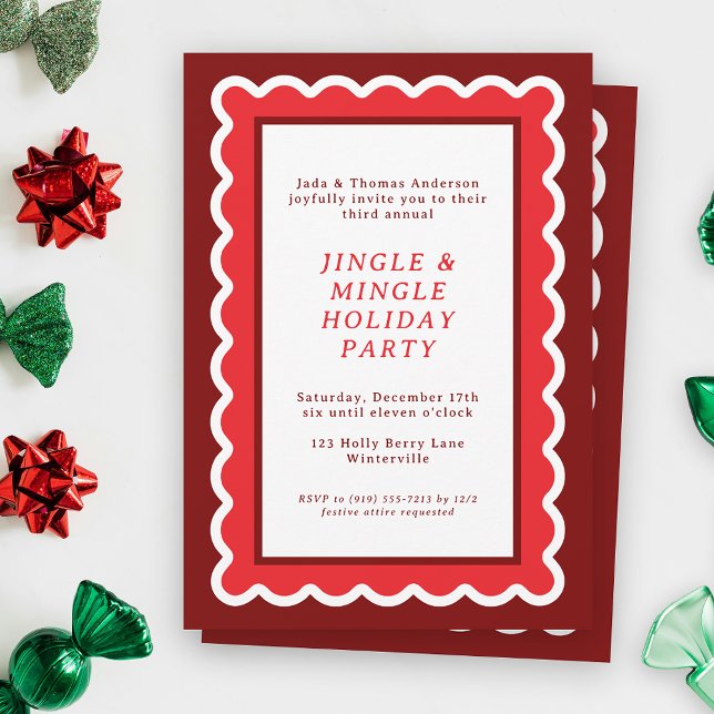 Preppy Red and White Simple Scalloped jul Inbjudningar (A scalloped holiday party invitation feels festive, bold and bright in shades of Christmas red)