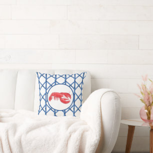 Preppy Red Lobster Blue Trellis Bamboo Mönster Kudde