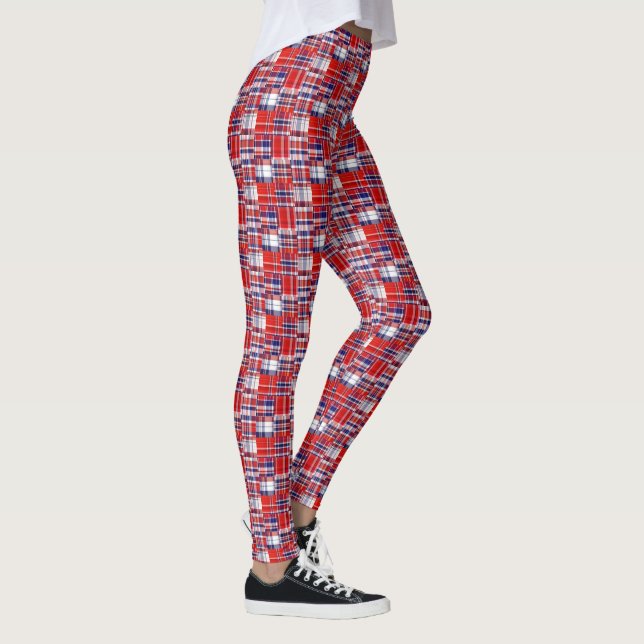 Preppy Red White Navy Madras Patchwork Stil Play Leggings (Höger)