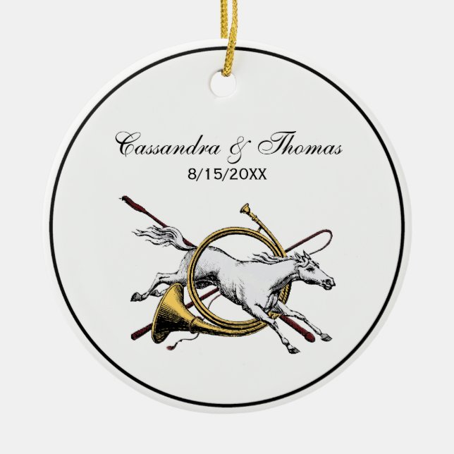 Preppy Ridsport Häst Hoppande Genom Horn Färg Julgransprydnad Keramik (Framsidan)