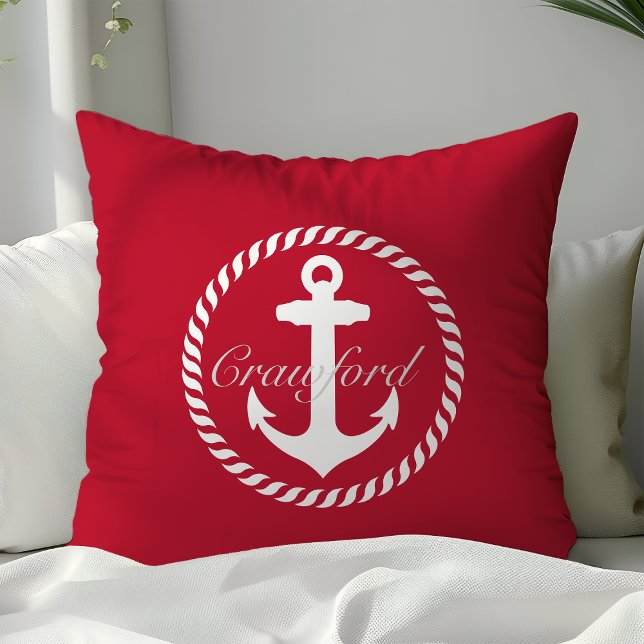 Preppy röd och vit nautisk ankarmonogram kudde (Skapare uppladdad)