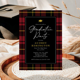 Preppy röd svart gul Tartan-examen Inbjudningar
