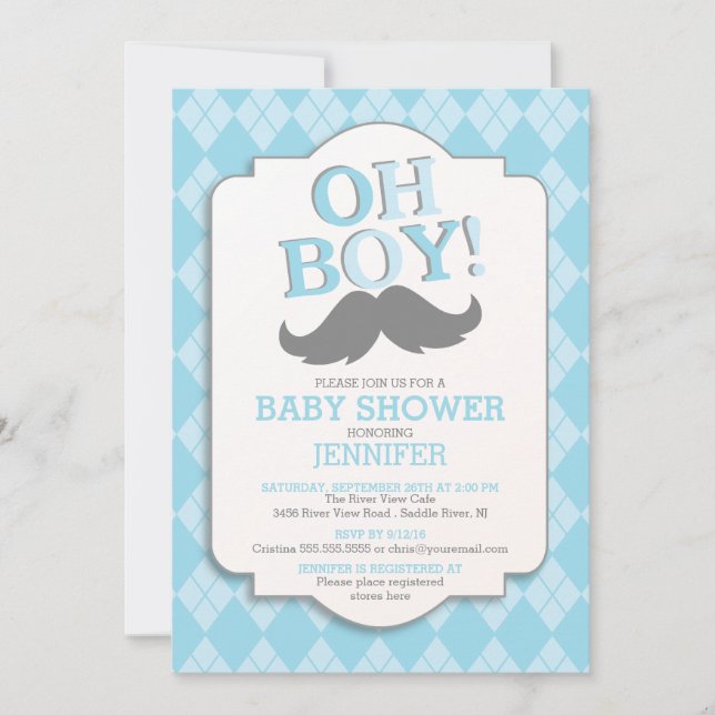 Preppy Roligt OH BOY Mustache Baby Shower Inbjudningar (Framsida)