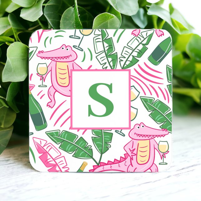 Preppy Rosa Alligator Vin Personlig Monogram Underlägg Papper Kvadrat (Skapare uppladdad)