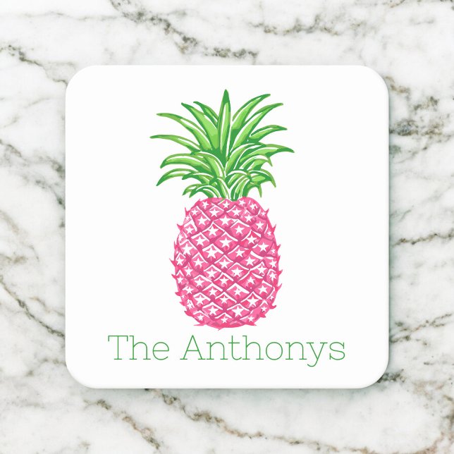Preppy Rosa Ananas Personlig  Underlägg Papper Kvadrat (Skapare uppladdad)
