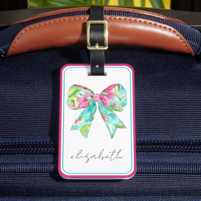 Preppy Rosa and Grönt Bow Personlig Travel Bagagebricka (Framsida Insitu 2)