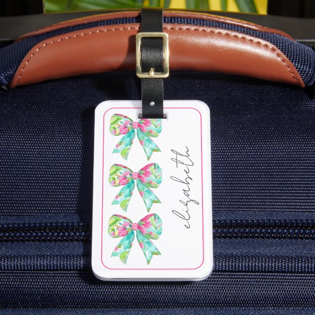 Preppy Rosa and Grönt Bow Personlig Travel Bagagebricka (Framsida Insitu 2)