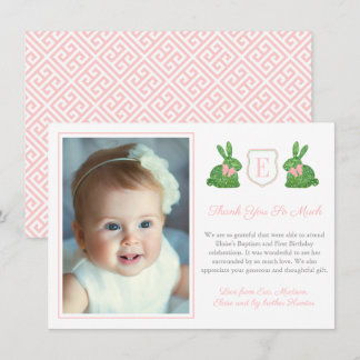 Preppy Rosa and Grönt Boxwood Bunny Baptism Photo Tack Kort