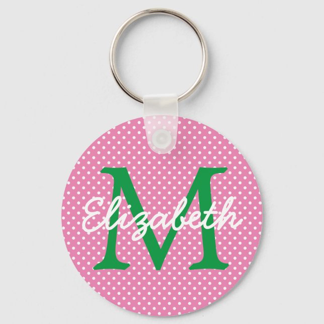 Preppy Rosa and Grönt Polka Dot Monogram Nyckelring (Framsida)