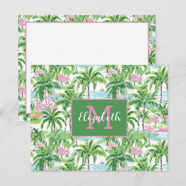 Preppy Rosa and Grönt Tropical Handflatan Träd Mon Anteckningskort (Fram/baksida)
