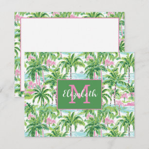 Preppy Rosa and Grönt Tropical Handflatan Träd Mon Anteckningskort