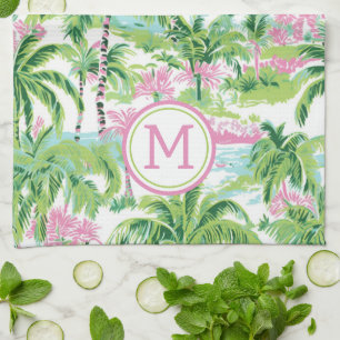 Preppy Rosa and Grönt Tropical Handflatan Träd Mon Kökshandduk