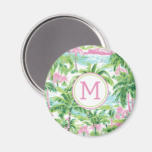 Preppy Rosa and Grönt Tropical Handflatan Träd Mon Magnet