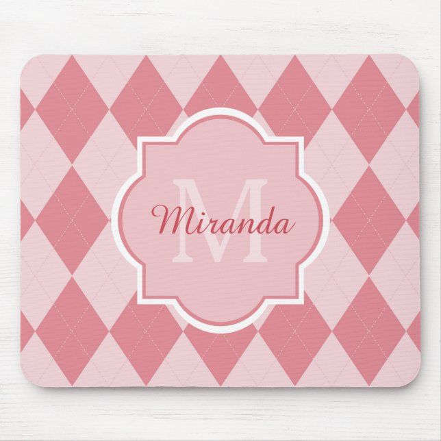 Preppy Rosa Argyle Girly Monogram Office Namn Musmatta (Framsidan)
