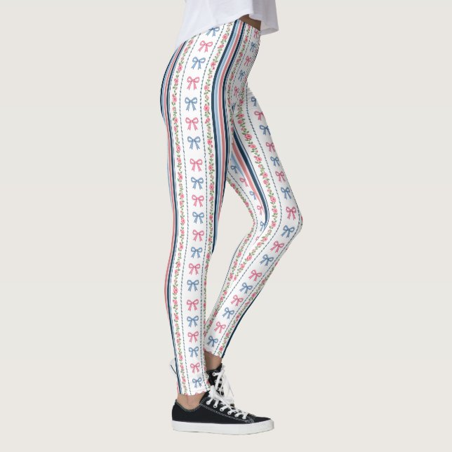 Preppy Rosa Blå Coquette Slöjor Ränder Trendigt Leggings (Höger)