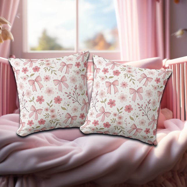 Preppy Rosa Bow and Flowers Kudde (Skapare uppladdad)