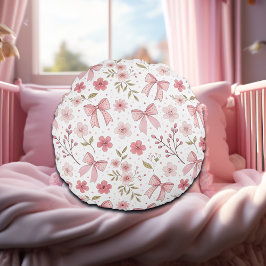 Preppy Rosa Bow and Flowers Rund Kudde