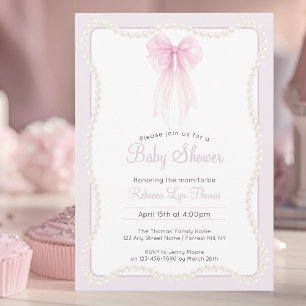 Preppy rosa bow pearls Grandmillenial babydusch Inbjudningar