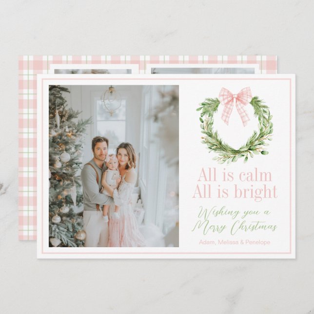 Preppy Rosa Bow Wand Plade-jul Julkort (Fram/baksida)