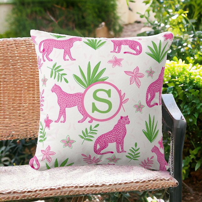 Preppy Rosa Cheetah Monogram White Kudde (Skapare uppladdad)