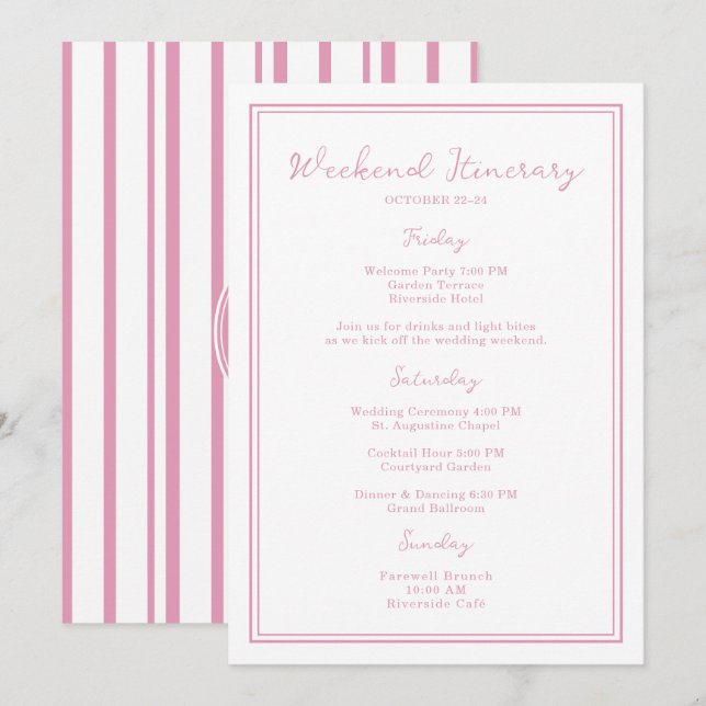 Preppy Rosa Chic Bröllopshelg Itinerary Card Inbjudningar (Fram/baksida)