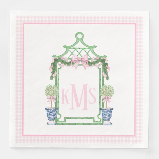 Preppy Rosa Chinoiserie Pagoda Monogram Pappersservett (Framsida)