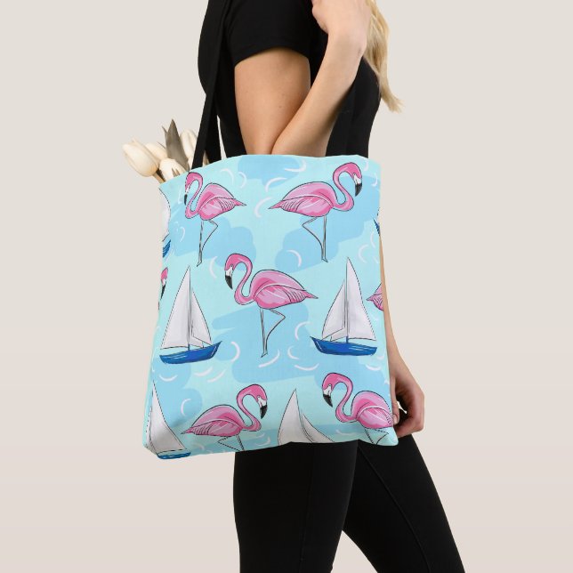 Preppy Rosa Flamingo Blue Sailboat Tygkasse (Närbild)
