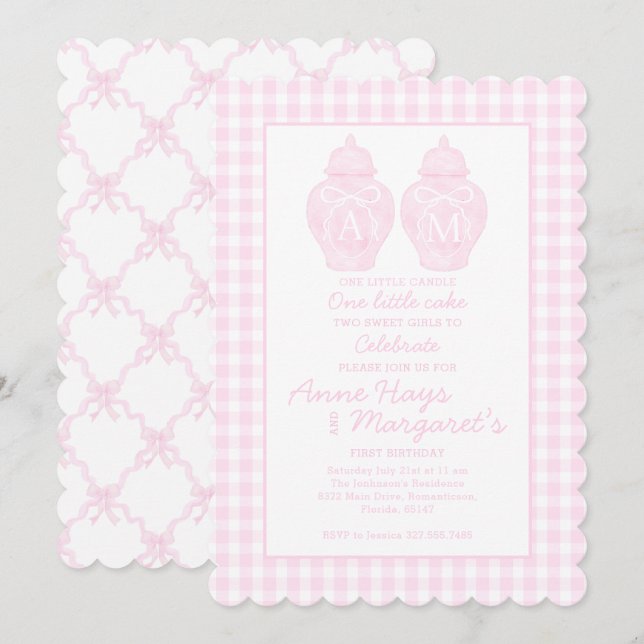 Preppy Rosa Ginger Burk Monogram Första födelsedag Inbjudningar (Fram/baksida)