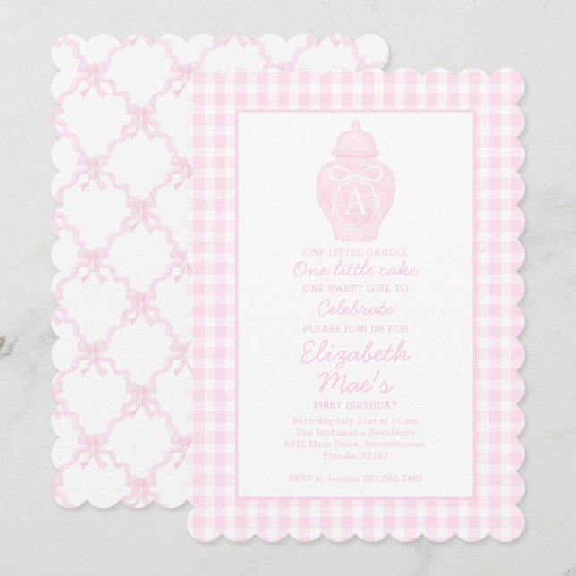 Preppy Rosa Ginger Burk Monogram Första födelsedag Inbjudningar (Fram/baksida)