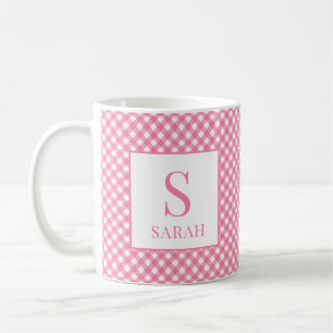 Preppy Rosa Gingham Karo Monogram Namn Kaffemugg