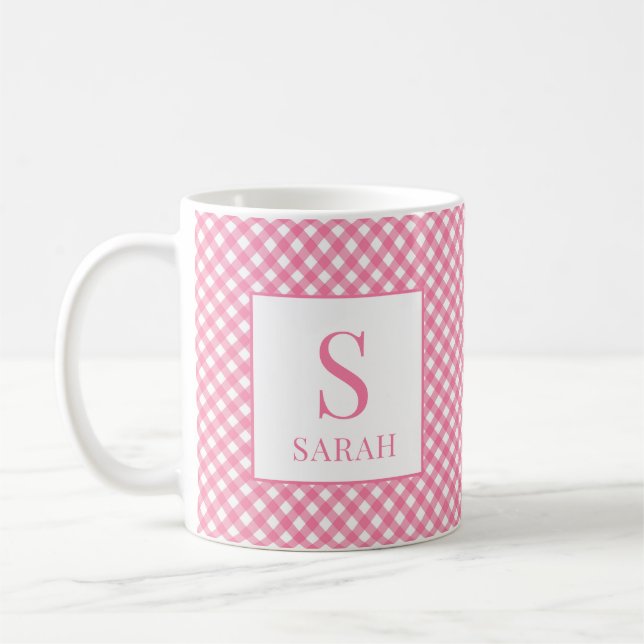 Preppy Rosa Gingham Karo Monogram Namn Kaffemugg (Vänster)