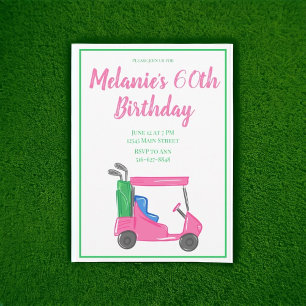 Preppy Rosa Golf Cart Födelsedagsfest Inbjudningar
