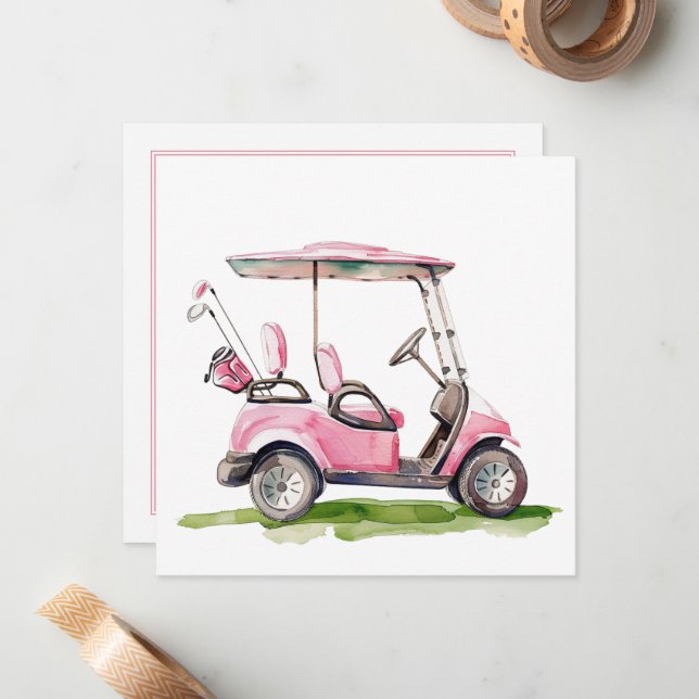 Preppy Rosa Golf Cart Monogram Anteckningskort (Fram/Back In Situ)