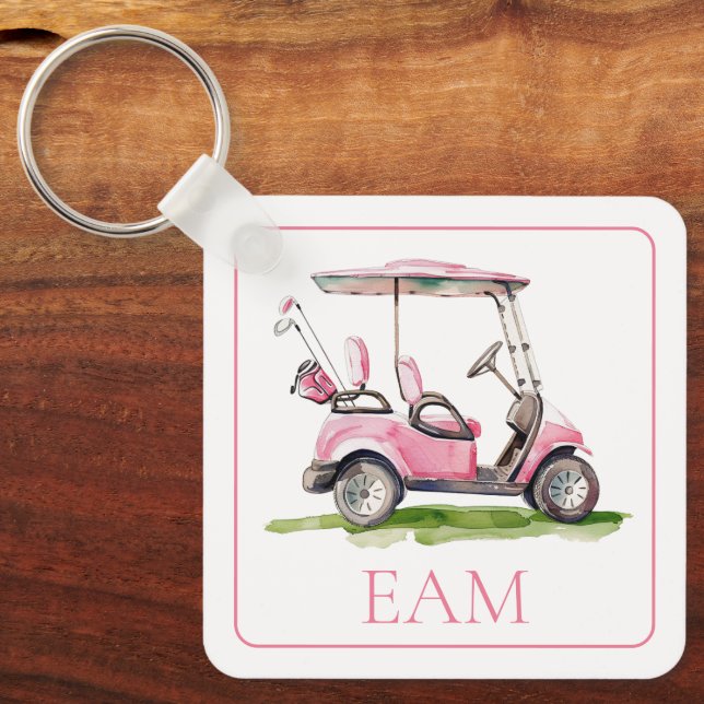 Preppy Rosa Golf Cart Monogram Nyckelring (Framsida)
