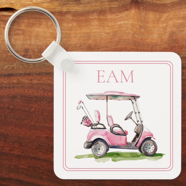 Preppy Rosa Golf Cart Monogram Nyckelring (Framsida)