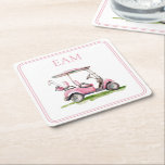 Preppy Rosa Golf Cart Monogram Underlägg Papper Kvadrat<br><div class="desc">De här söta monogrammade underläggen har en liten golfvagn i mjuka vattenfärgade nyanser av rosa. Anpassa monogrammet efter ditt val av initialer.</div>
