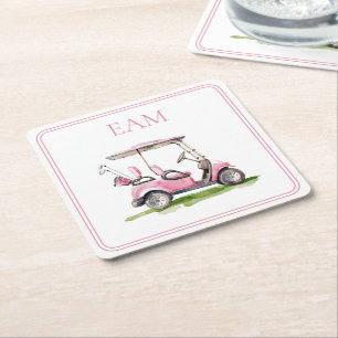 Preppy Rosa Golf Cart Monogram Underlägg Papper Kvadrat