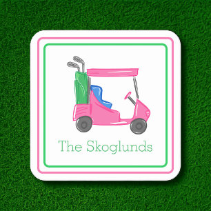Preppy Rosa Golf Cart Personlig Gräns Underlägg Papper Kvadrat