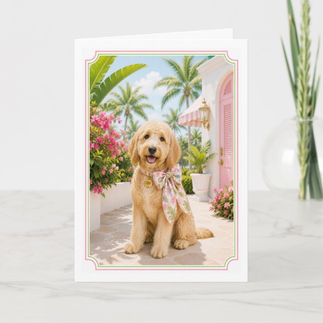 Preppy Rosa & Grön GoldenDoodle Hund Kort (Framsida)