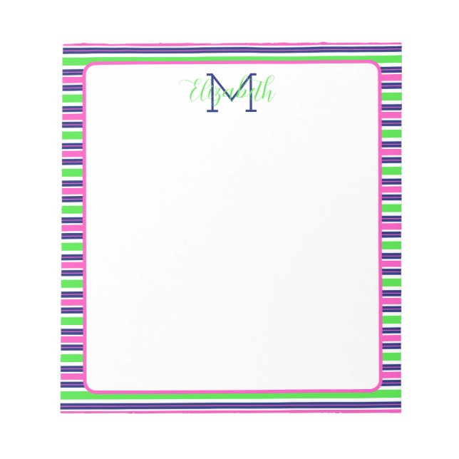 Preppy Rosa Grön Marinblå Rand Monogram Anteckningsblock (Framsida)