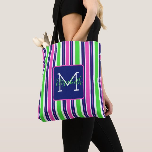 Preppy Rosa Grön Marinblå Randig Monogram Tygkasse (Närbild)