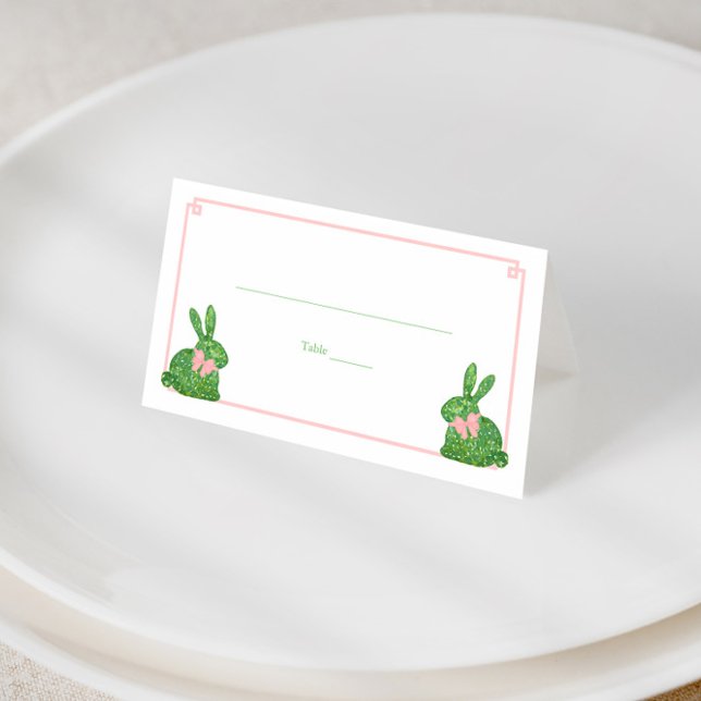Preppy Rosa Grönt Boxwood Rabbit Påsk Brunch Placeringskort (Preppy pink and green boxwood topiary bunny baby girl shower place cards or food tents)