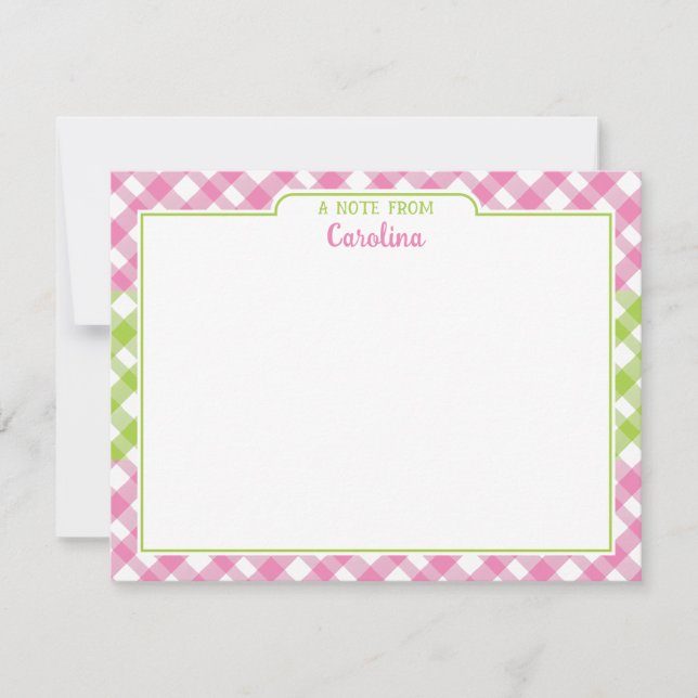 Preppy Rosa Grönt Gingham Girly Stationery Anteckningskort (Framsida)