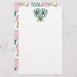 Preppy Rosa Grönt & Gult Pickleball Monogram Brevpapper