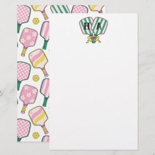 Preppy Rosa Grönt & Gult Pickleball Monogram Brevpapper