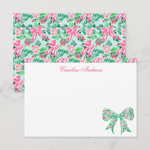 Preppy Rosa & Grönt Handflatan Beach Holly Bow Tack Kort
