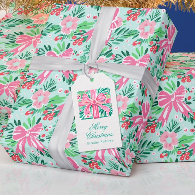 Preppy Rosa & Grönt Julklapp Presentetikett (Skapare uppladdad)