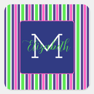 Preppy Rosa Grönt Navy Blue Rand Monogram Fyrkantigt Klistermärke